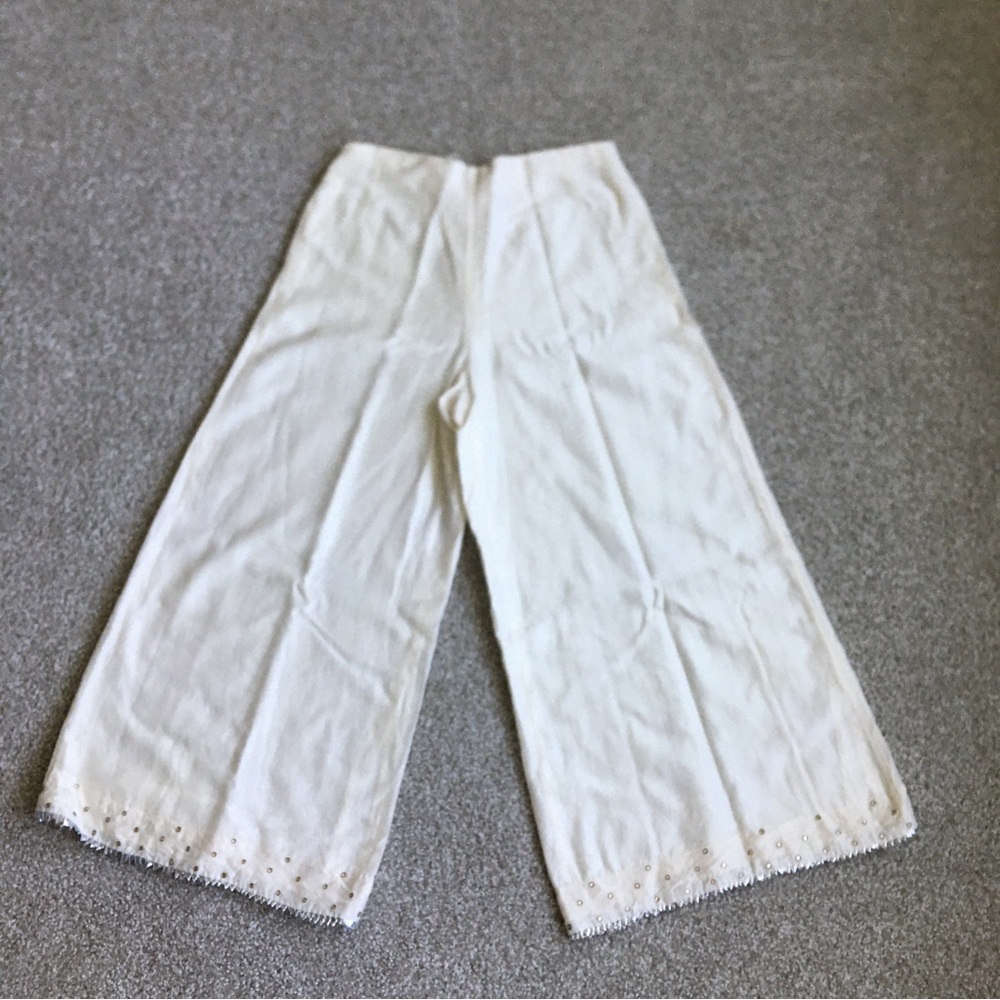 Fabindia Chanderi Embroidered High Waist Cropped Wide Leg Ivory Pants Small.